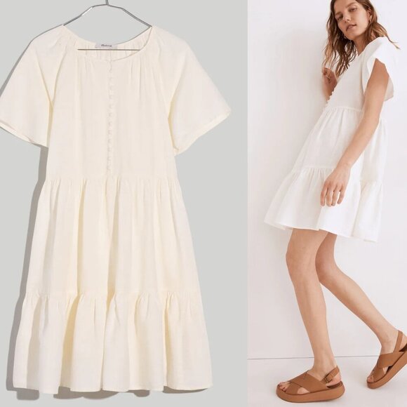 New! Madewell Cream Linen-Blend Flutter-Sleeve Tiered Mini Dress 35249 - Picture 2 of 15